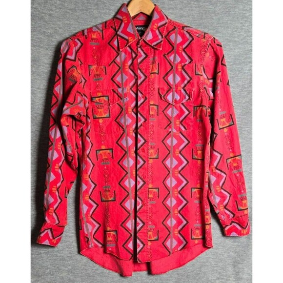 VTG Wrangler Shirt 15 1/2-3/4 Red Aztec Brushpopper Western Cowboy XLong Tail - Picture 1 of 12